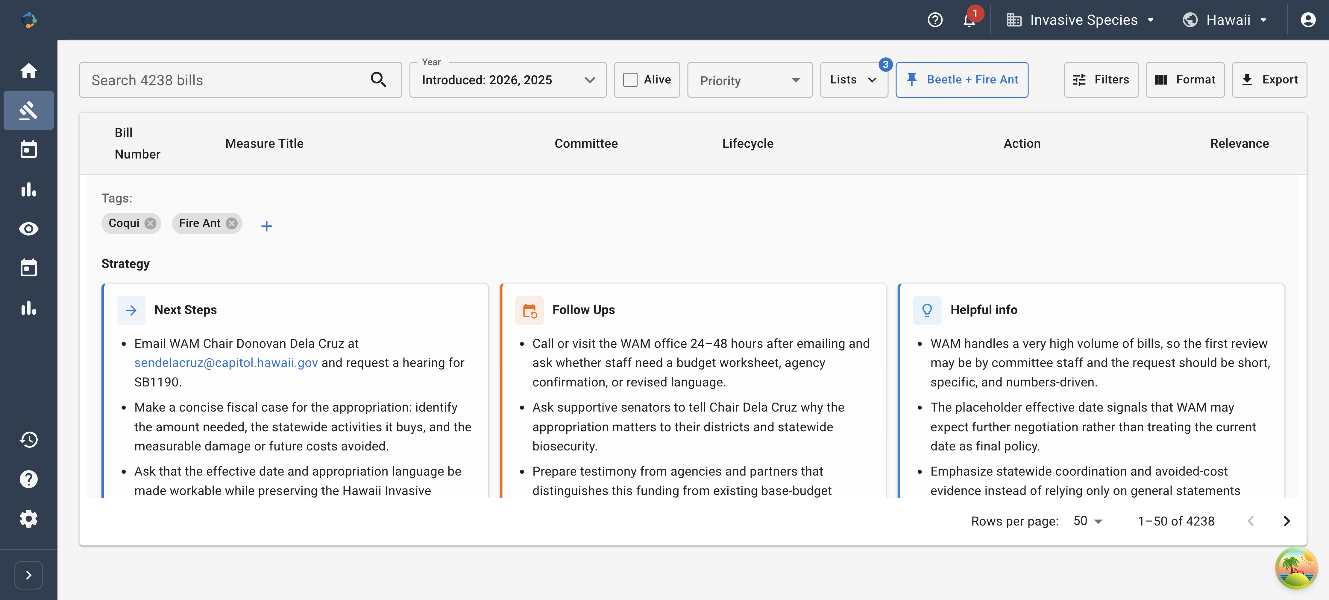 CivicNexus bills list with strategy guidance for next steps, follow-ups, and helpful info