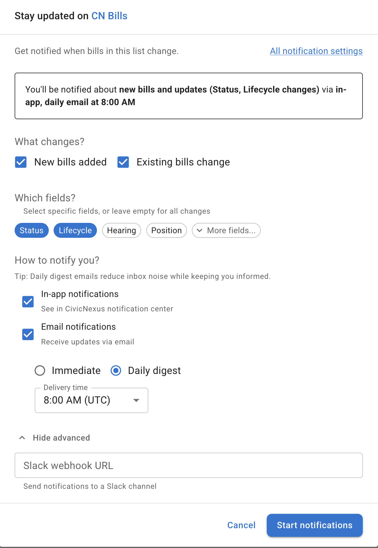 manage notifications layout